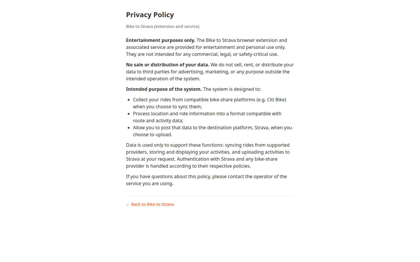 Bike to Strava privacy policy describing Citi Bike sync and Strava upload