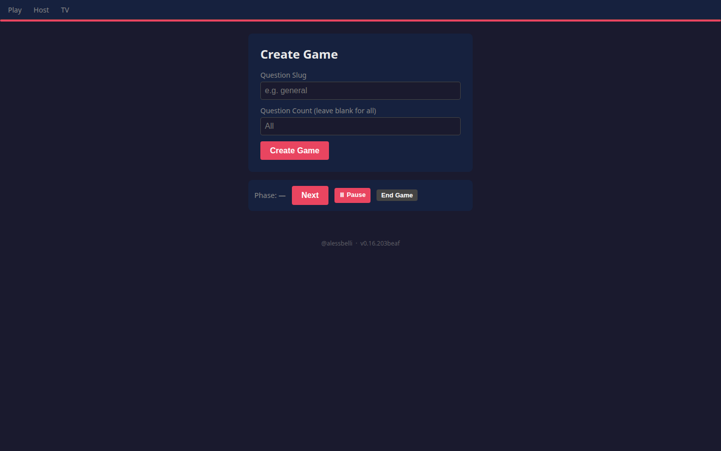 Fibbage host screen for creating a game with a custom question slug