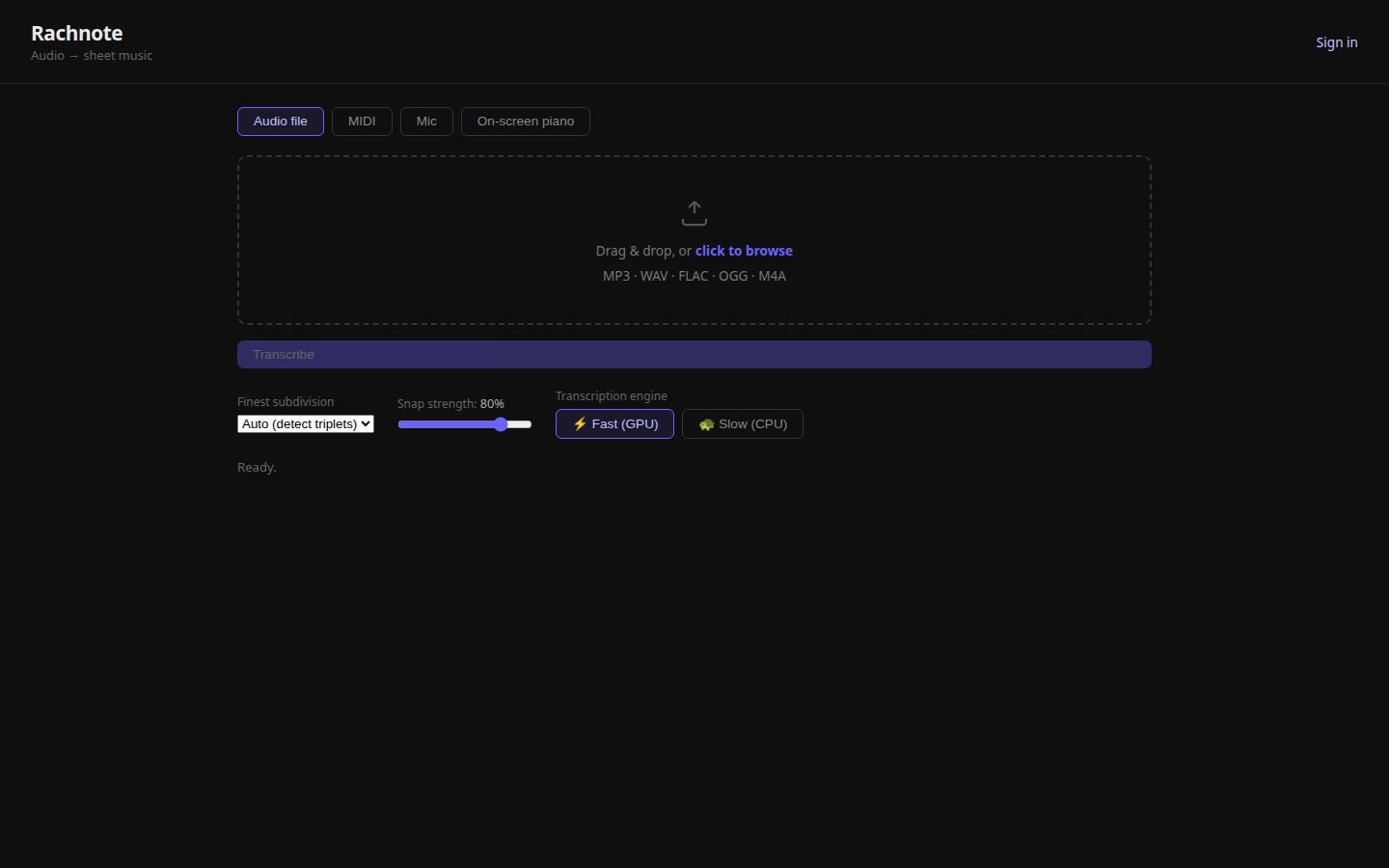 Rachnote audio-to-sheet-music homepage with file drop zone and transcribe controls