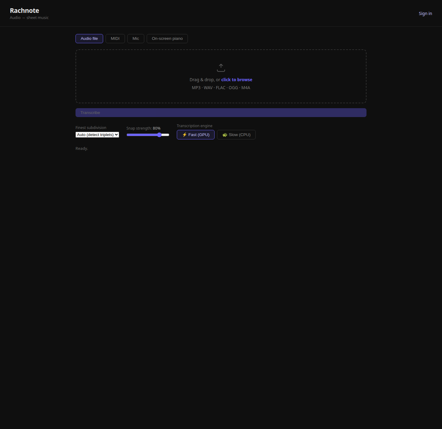 Rachnote transcription settings including snap strength and GPU/CPU engine toggle