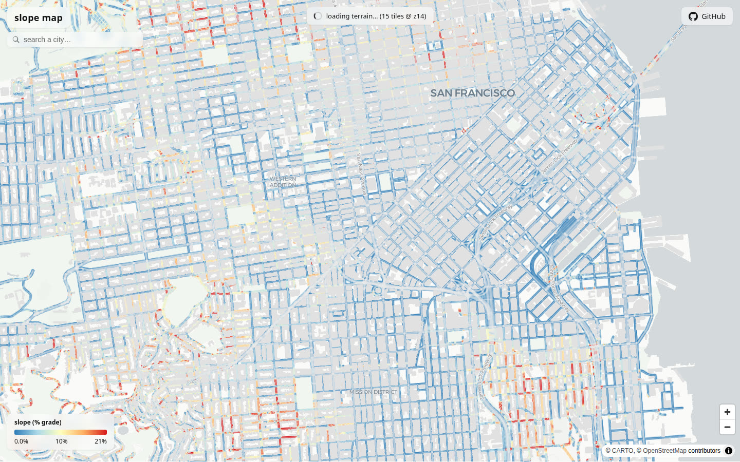 Slope Map over San Francisco with streets colored from blue (flat) to red (steep)