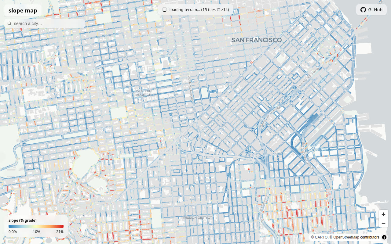 Slope Map loading terrain tiles over San Francisco with the slope legend visible