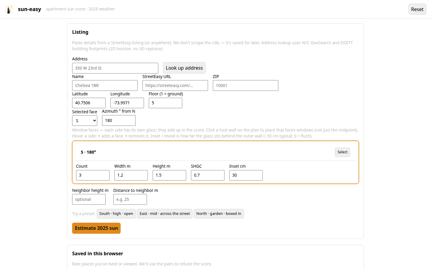 Sun Easy listing form with a Chelsea address and south-facing windows