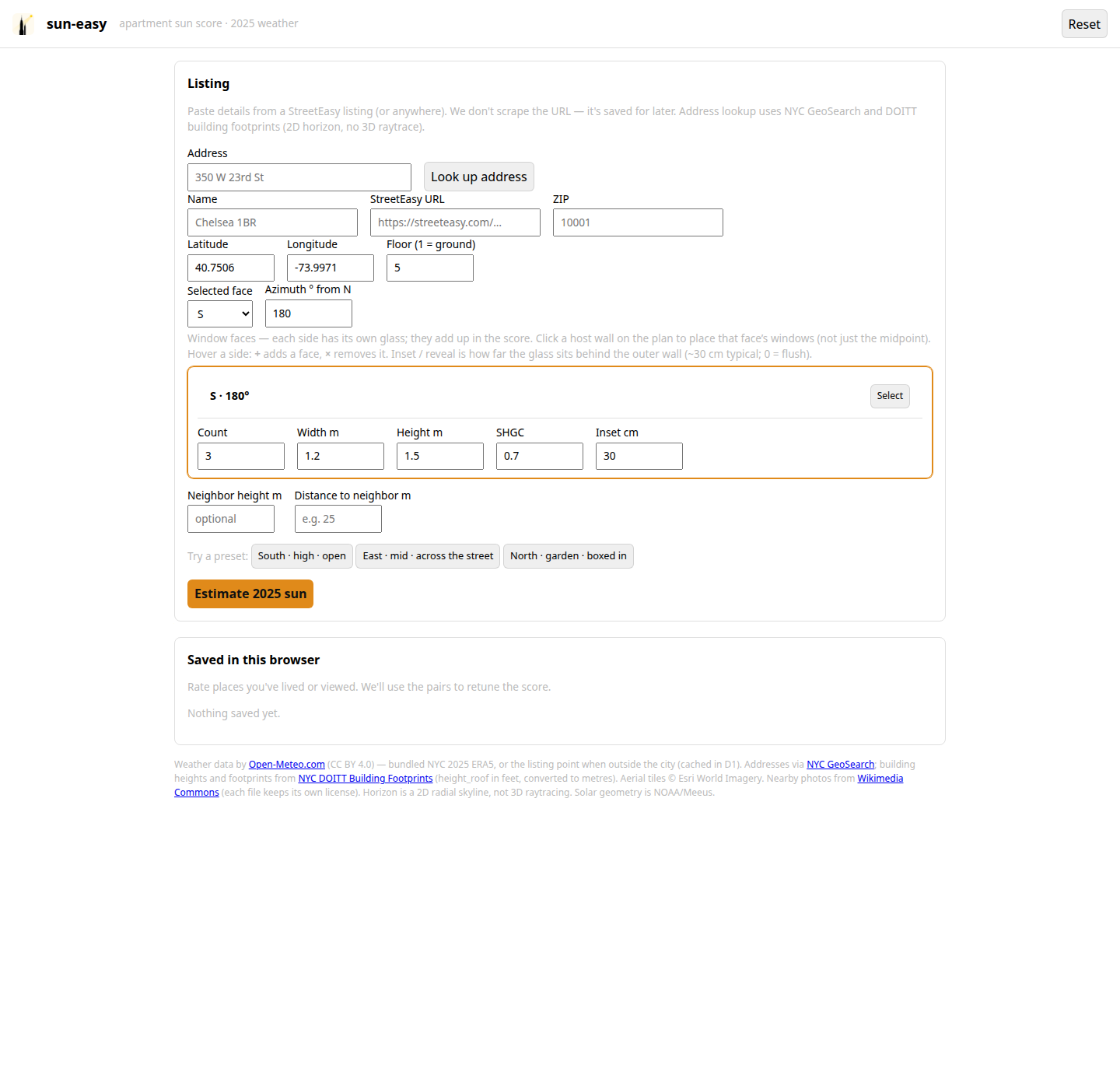 Sun Easy full listing card, presets, and saved-in-browser rating panel